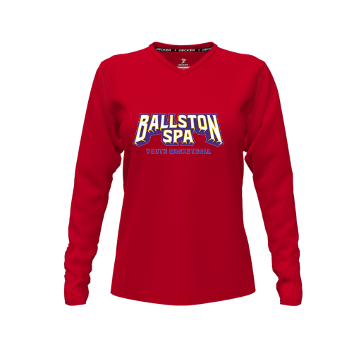 [CUS-DFW-TEES-PER-VNK-LSL-RED-FYXS-LOGO3] Performance T-Shirt (Female Youth XS, Red, V Neck, Logo 3, Long Sleeve)