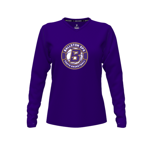 [CUS-DFW-TEES-CMF-VNK-LSL-PUR-FYXS-LOGO1] Decker Comfort T-Shirt (Female Youth XS, Purple, V Neck, Logo 1, Long Sleeve)